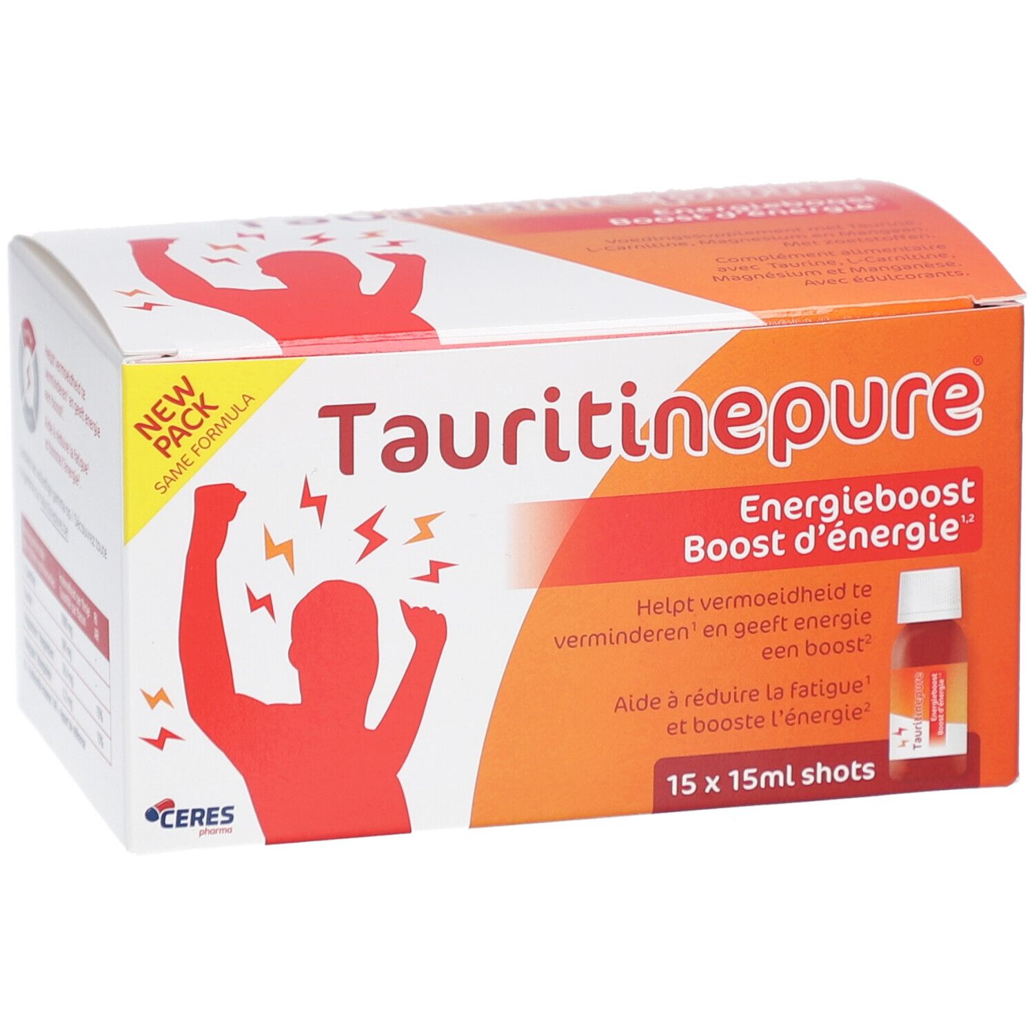 Schachtel Tauritinepure. Text: Energieboost. Enthält 15 Shots. Hilft Müdigkeit zu reduzieren.
