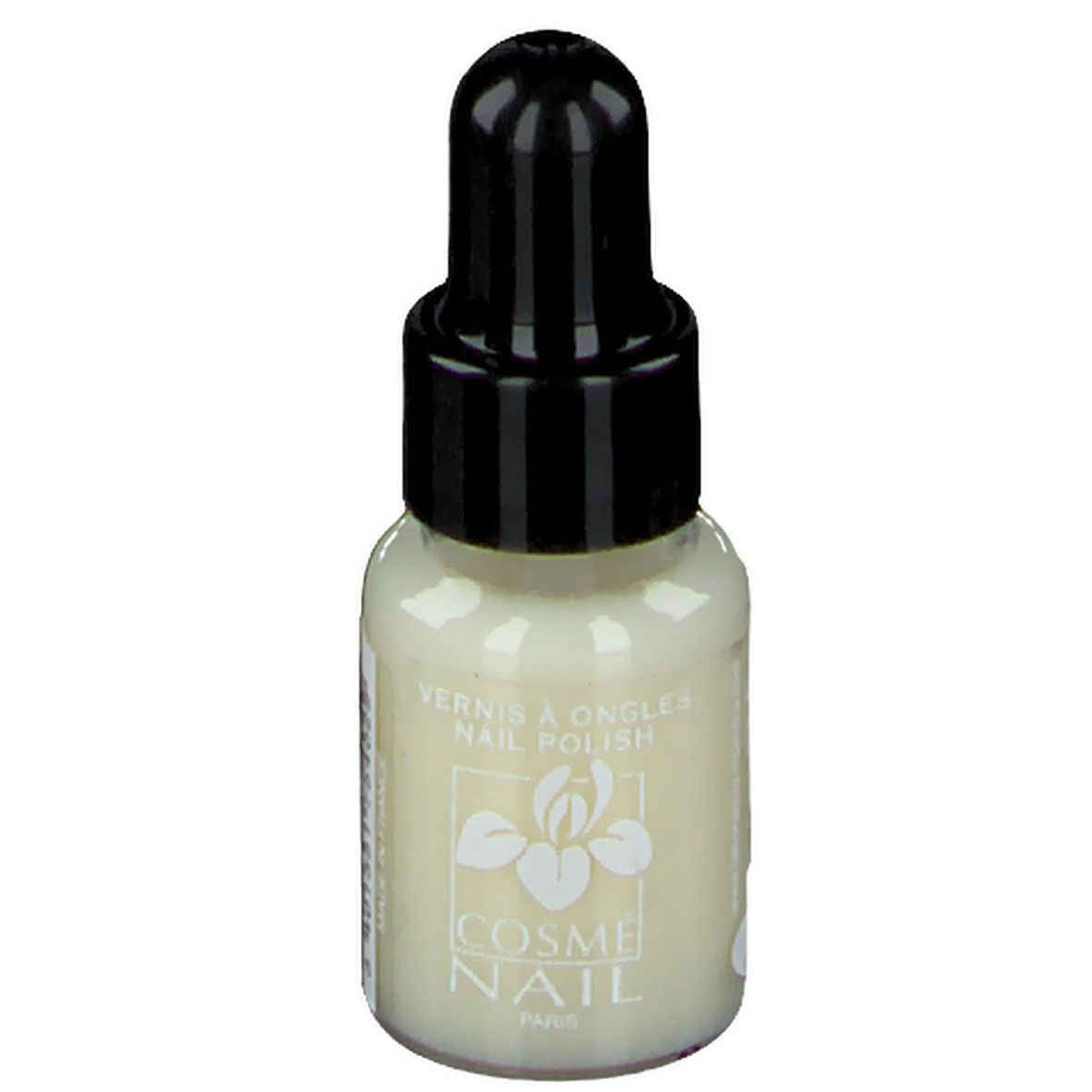 Nagellackflasche mit schwarzem Verschluss. Aufschrift: COSMÈ NAIL Paris. Farbe: Cremeweiß.