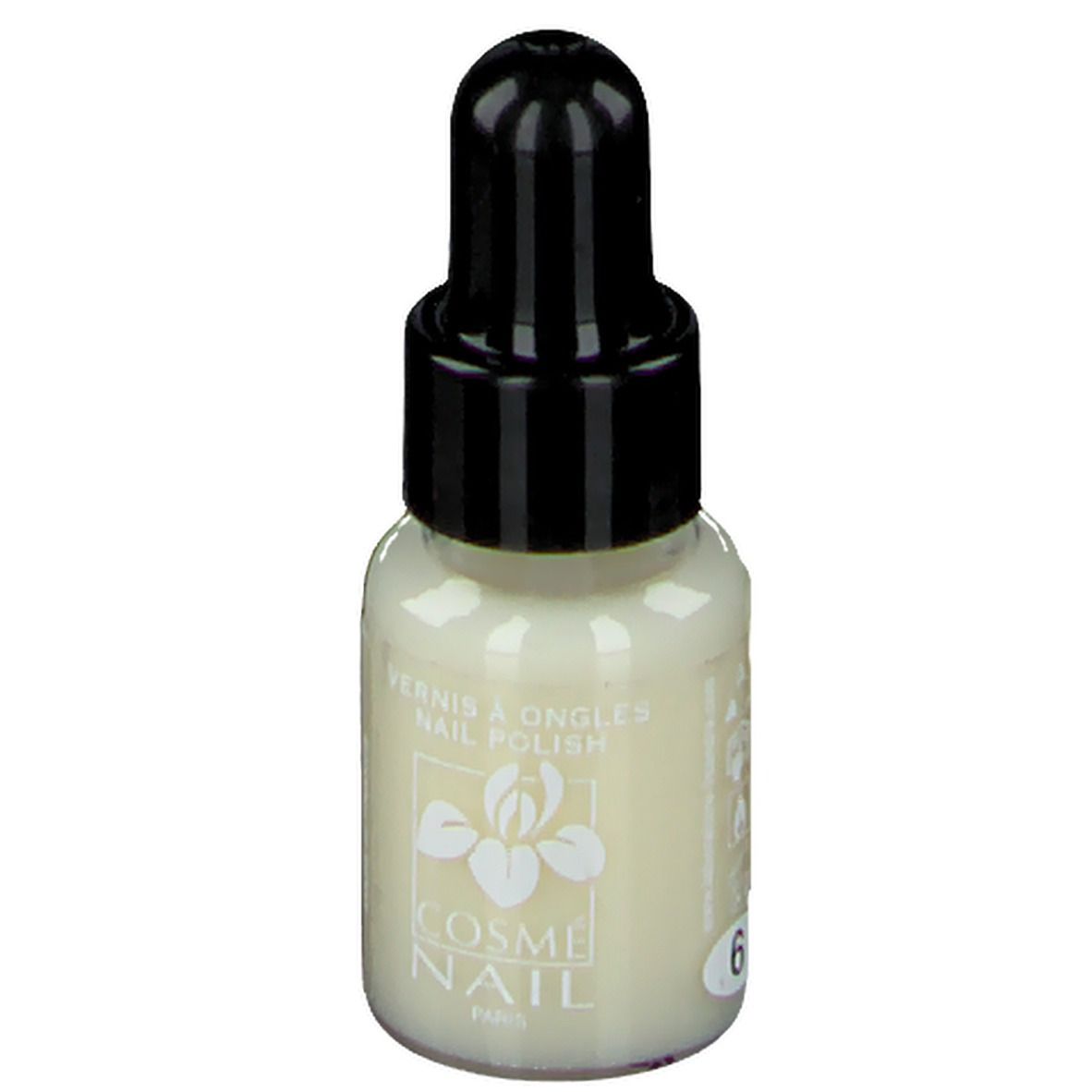 Nagellackflasche mit schwarzem Verschluss. Aufschrift: COSMÈ NAIL Paris. Farbe: Cremeweiß. Nummer 6.