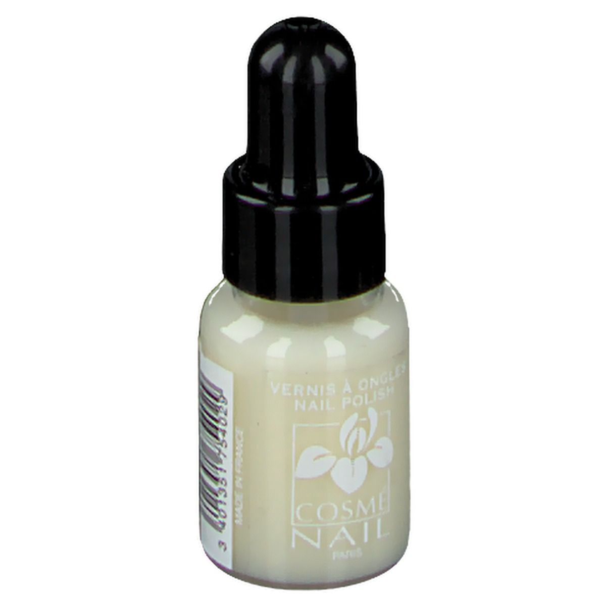 Nagellackflasche mit schwarzem Verschluss. Aufschrift: COSMÈ NAIL Paris. Farbe: Cremeweiß.