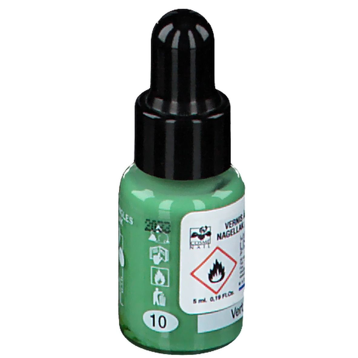 Grüner Nagellackflakon mit schwarzem Verschluss. Aufschrift: Nagellack. Warnhinweis. Farbe: Hellgrün.