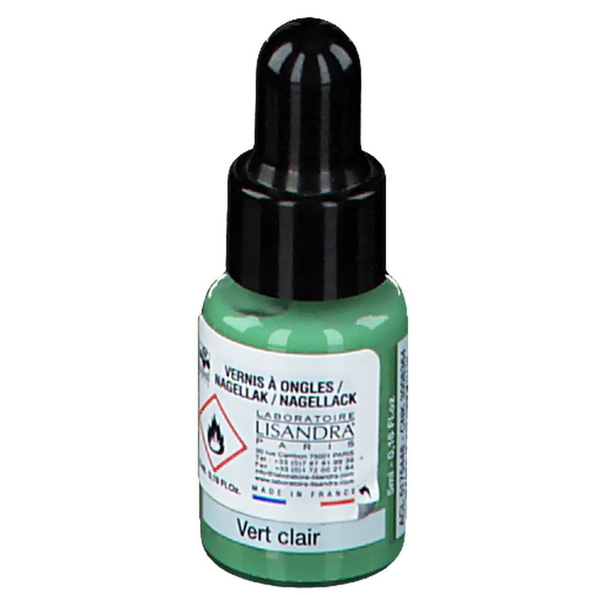 Grüner Nagellackflakon mit schwarzem Verschluss. Aufschrift: Lisandra, Vert clair. Warnhinweis. 5ml.