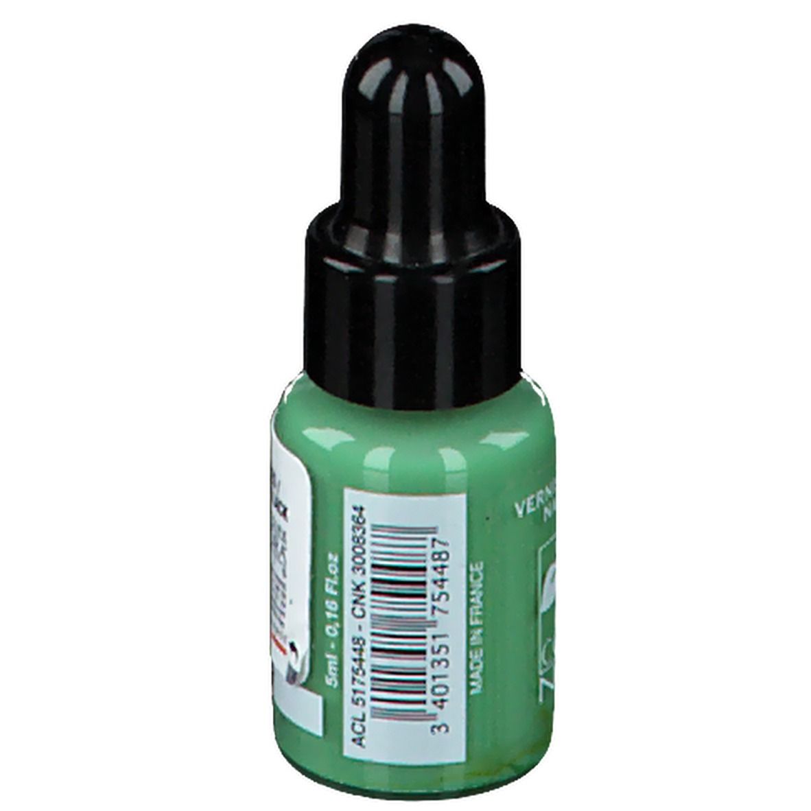 Grüner Nagellackflakon mit schwarzem Verschluss. Aufschrift: 5ml. Hergestellt in Frankreich. Barcode.