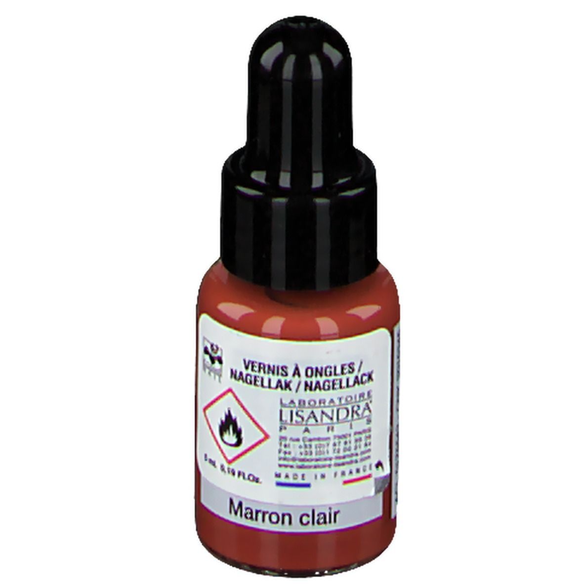 Flacon de vernis à ongles avec bouchon noir. Inscription: Nagellack/Marron clair. Marque: Lisandra Paris. Avertissement.