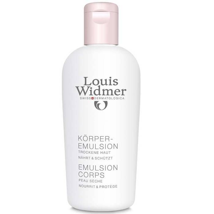 Weiße Flasche mit rosa Deckel. Beschriftung: Louis Widmer, Körper-Emulsion, für trockene Haut.