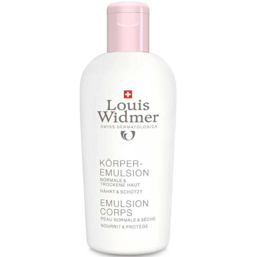 Weiße Flasche mit rosa Verschluss. Aufschrift: Louis Widmer, Körpermulsion, für normale und trockene Haut.
