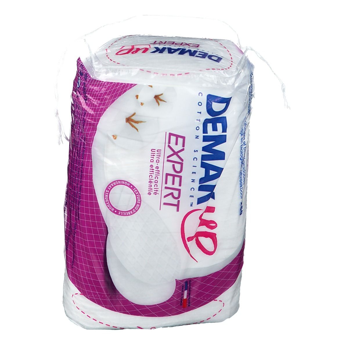 Paquet Demak'Up Baumwoll-Pads Duo. Pads en film. Texte: 'Expert', 'Cotton Science', 'Ultra efficace'.