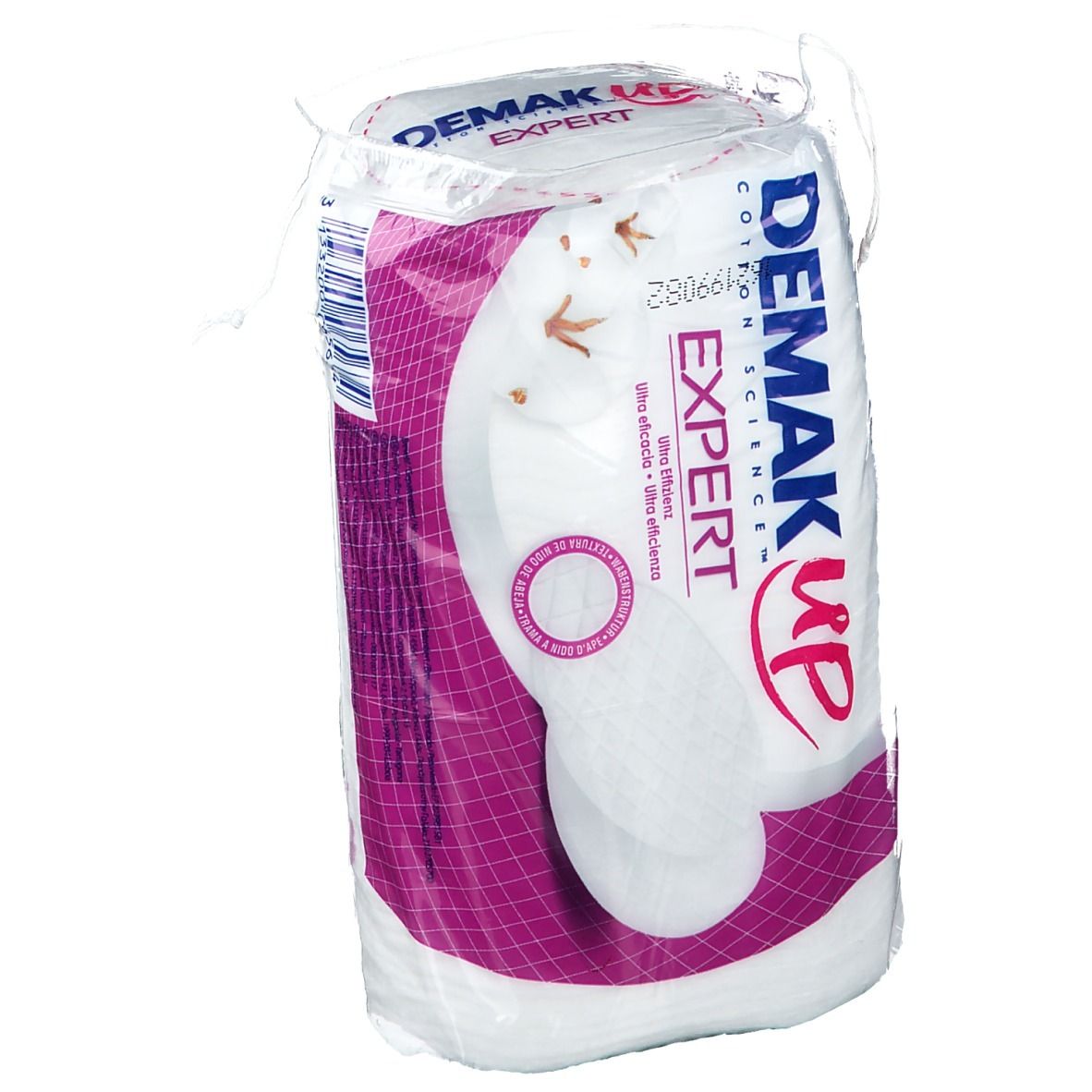 Paquet Demak'Up Baumwoll-Pads Duo. Pads en film. Texte: 'Expert', 'Cotton Science', 'Ultra efficace'.