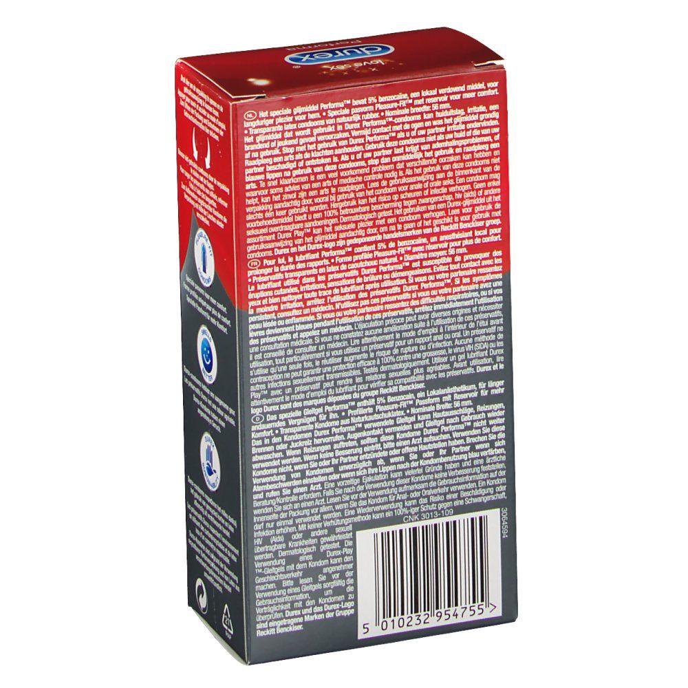 Rückseite der Durex Performa-Verpackung. Text in mehreren Sprachen, Barcode und CE-Kennzeichnung.