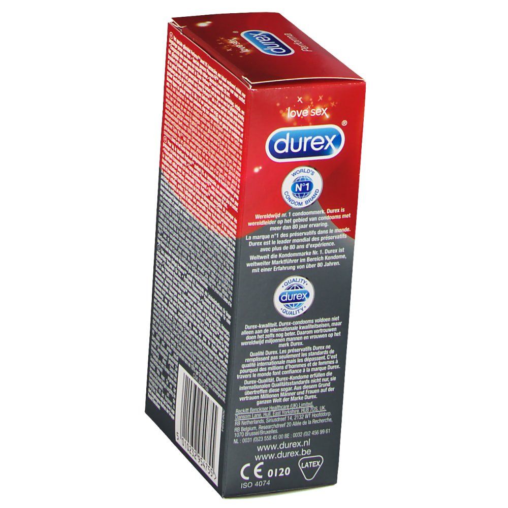 Durex Performa-Verpackung, Seitenansicht. Logo, Text und CE-Kennzeichnung. Enthält Latex.