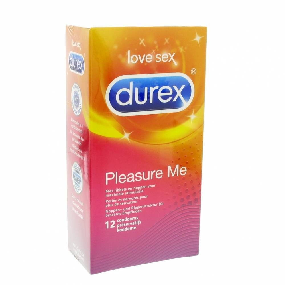 Verpackung mit Kondomen. Marke Durex, Produktname Pleasure Me. 12 Kondome. Text in Deutsch, Niederländisch und Französisch.