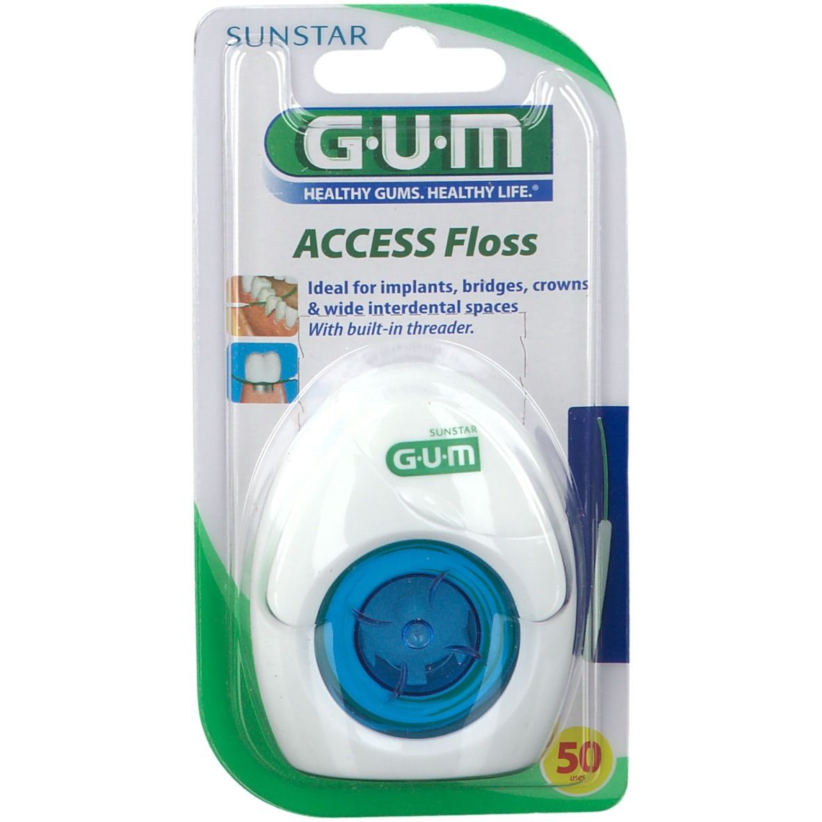 Zahnseide-Spender in Blisterverpackung. Weißes Gehäuse mit blauem Kern. G.U.M. Access Floss. 50 Meter.