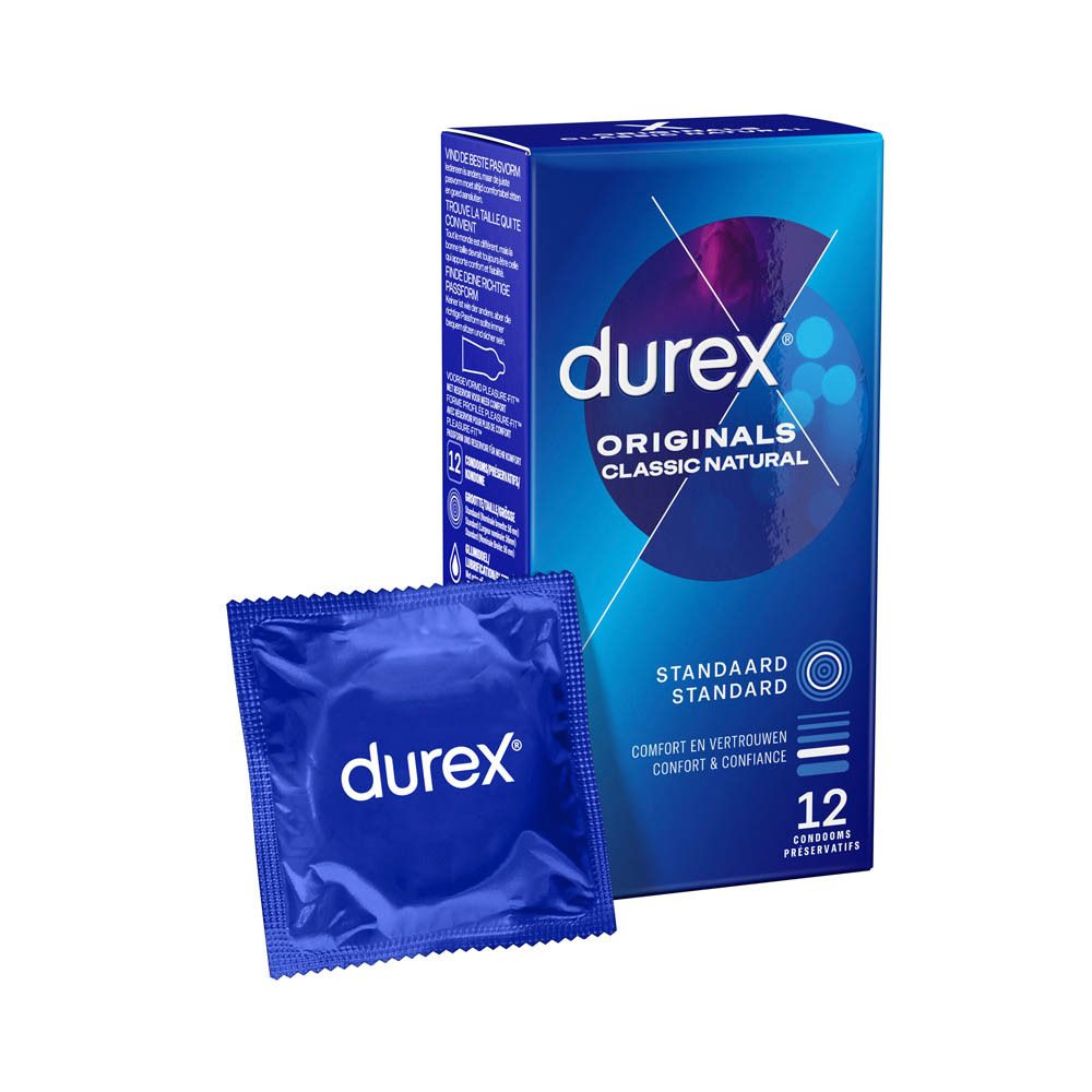 Boîte et préservatif individuel Durex Classic Natural. Logo et nom du produit. 12 unités.