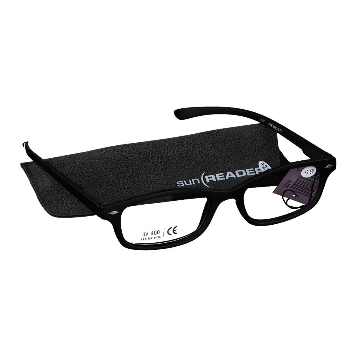 Schwarze Sonnen-Lesebrille mit Etui. Brille mit rechteckigen Gläsern, schwarzem Rahmen. Etui mit SUN READER-Logo.