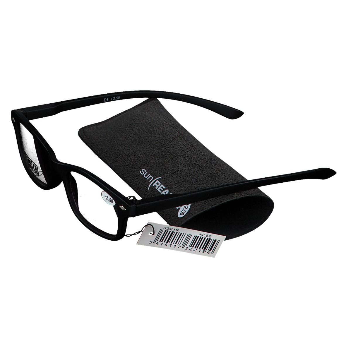Schwarze Sonnen-Lesebrille mit Etui und Preisschild. Brille mit rechteckigen Gläsern, schwarzem Rahmen. Etui mit SUN READER-Logo.