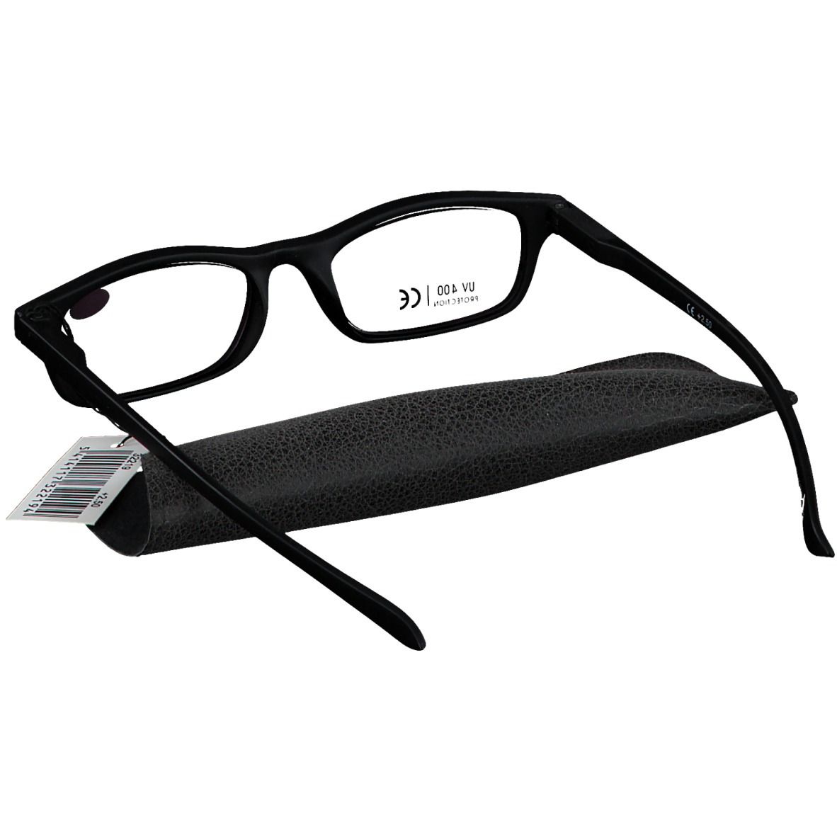 Schwarze Sonnen-Lesebrille mit Etui und Preisschild. Brille mit rechteckigen Gläsern, schwarzem Rahmen. Etui mit SUN READER-Logo.