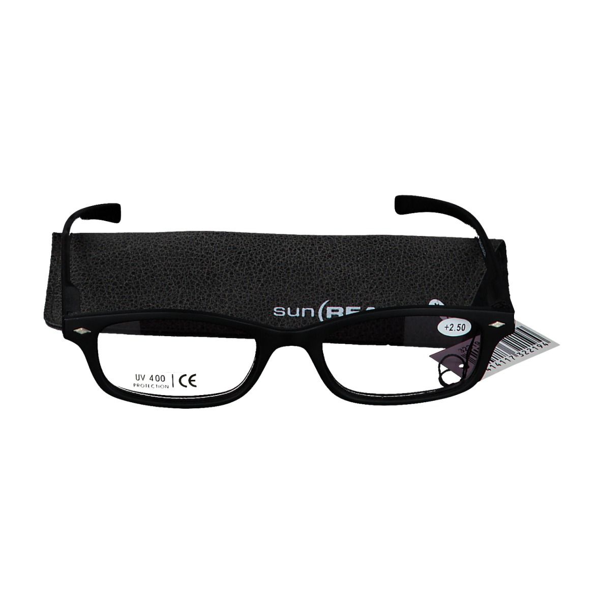 Schwarze Sonnen-Lesebrille mit Etui und Preisschild. Brille mit rechteckigen Gläsern, schwarzem Rahmen. Etui mit SUN READER-Logo.