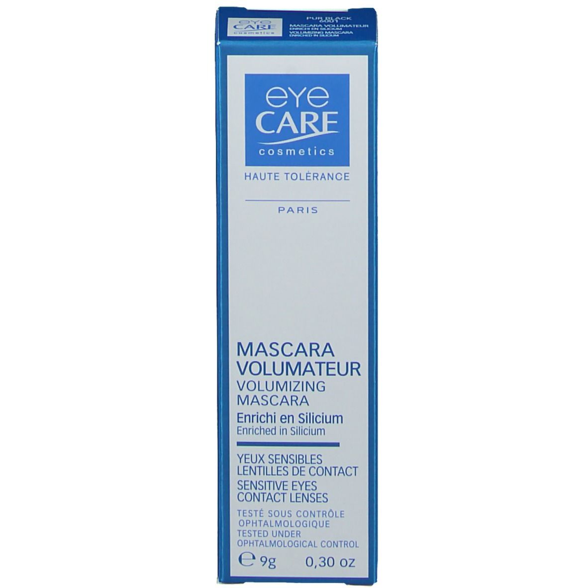 Blauer Karton. Text: EYE CARE, Mascara Volumateur, für empfindliche Augen, 9g, 0,30 oz.