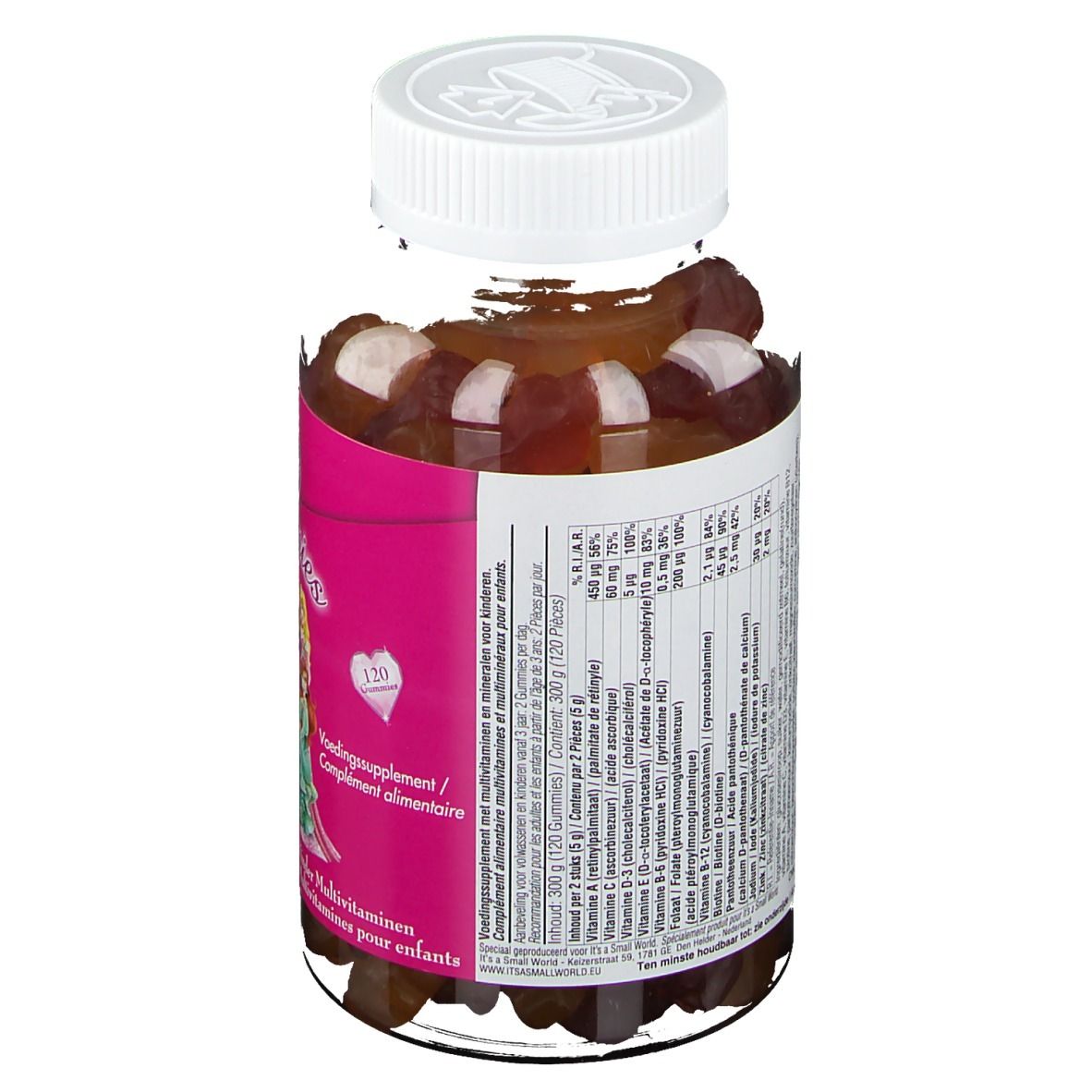 Disney Gummies Multivitamine Prinzessin. Flasche mit Gummibärchen. Rückseite mit Nährwertangaben. Weißer Deckel.