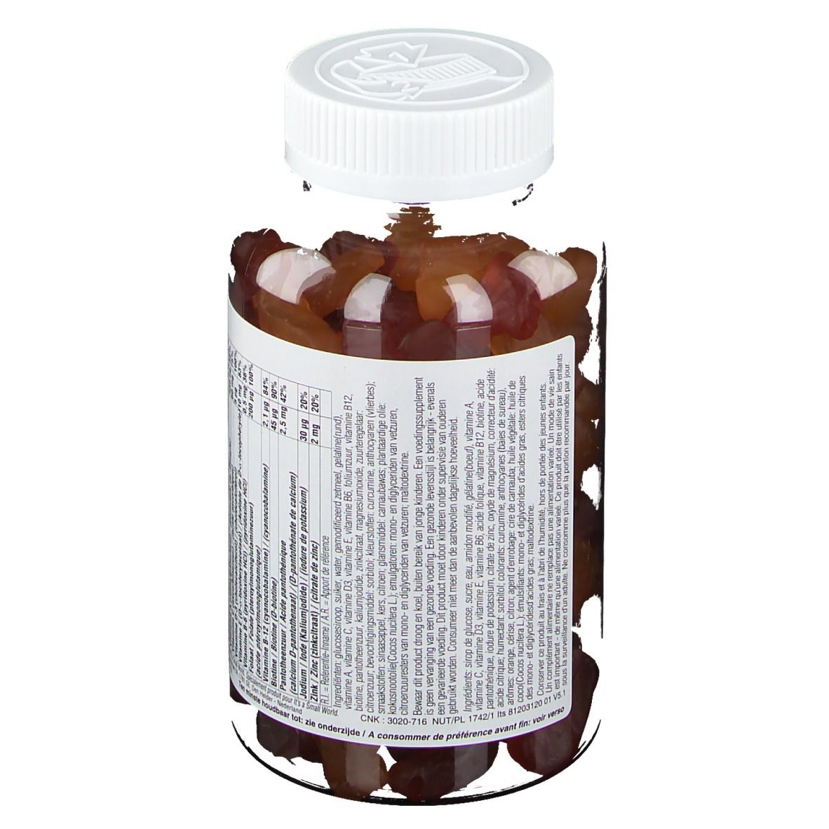 Disney Gummies Multivitamine Prinzessin. Flasche mit Gummibärchen. Rückseite mit Nährwertangaben. Weißer Deckel.