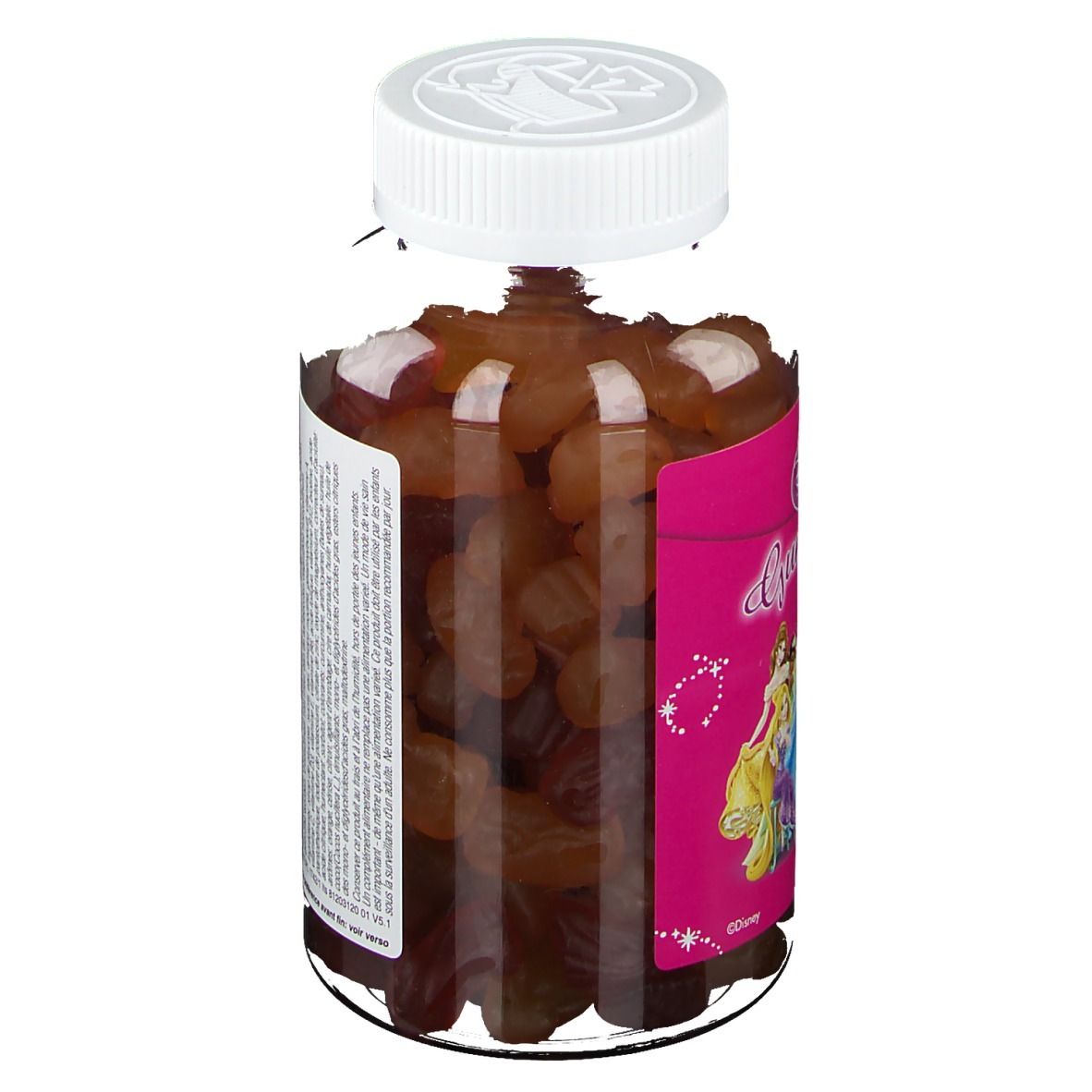 Disney Gummies Multivitamine Prinzessin. Flasche mit Gummibärchen. Rosa Etikett mit Prinzessinnen. Weißer Deckel.
