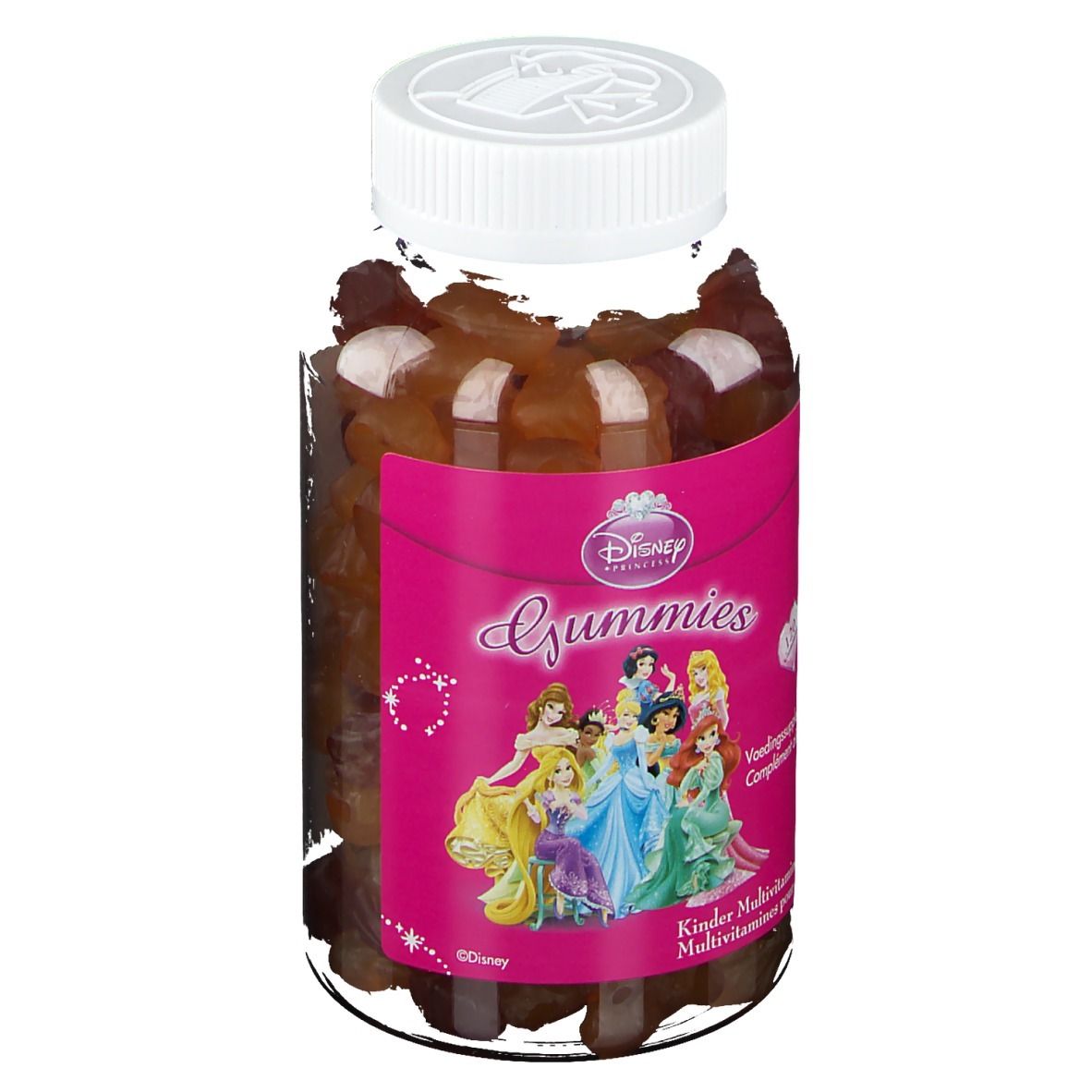 Disney Gummies Multivitamine Prinzessin. Flasche mit Gummibärchen. Rosa Etikett mit Prinzessinnen. Weißer Deckel.
