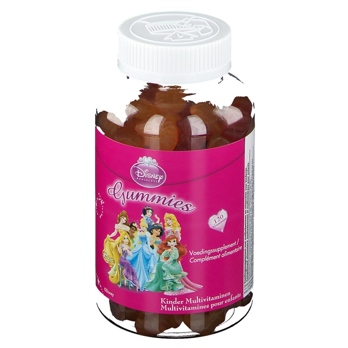 Disney Gummies Multivitamine Prinzessin. Flasche mit Gummibärchen. Rosa Etikett mit Prinzessinnen. Weißer Deckel.