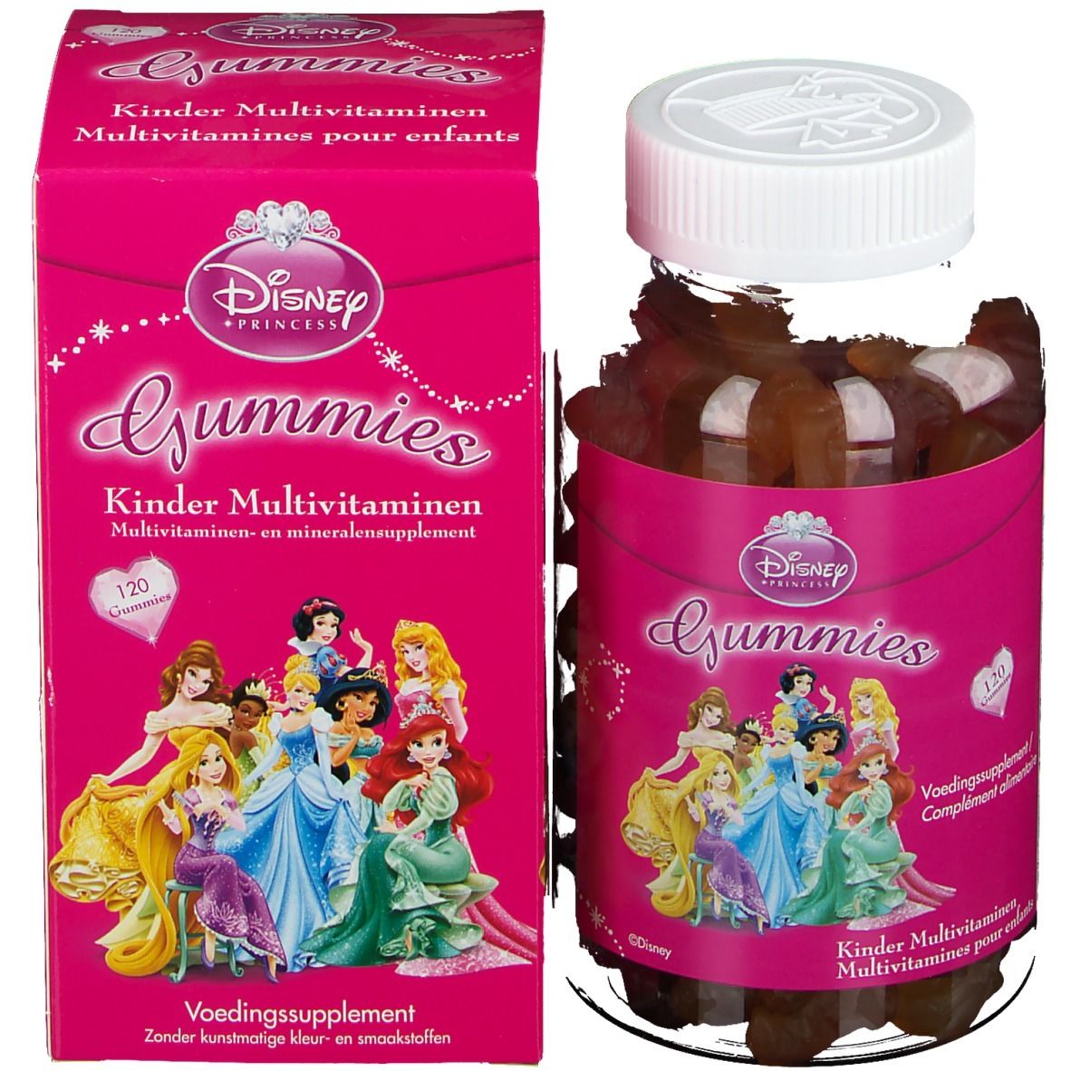 Disney Gummies Multivitamine Prinzessin. Rosa Verpackung und Flasche mit Gummibärchen. Aufdruck mit Prinzessinnen.