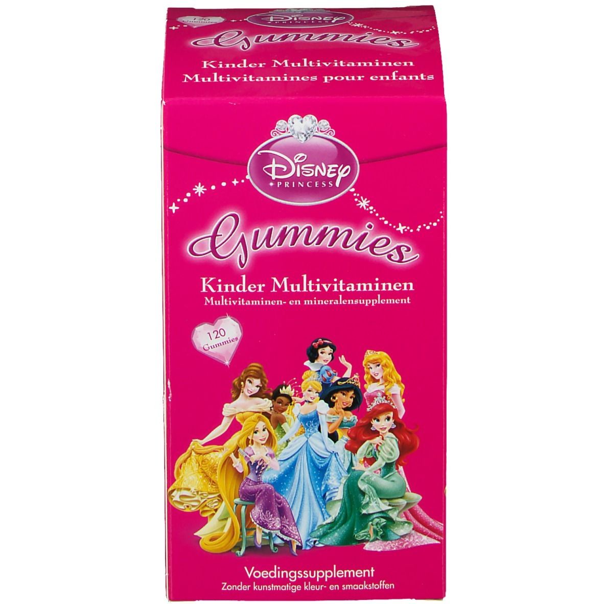 Disney Gummies Multivitamine Prinzessin. Rosa Verpackung mit Prinzessinnen. Aufdruck mit Produktinformationen.