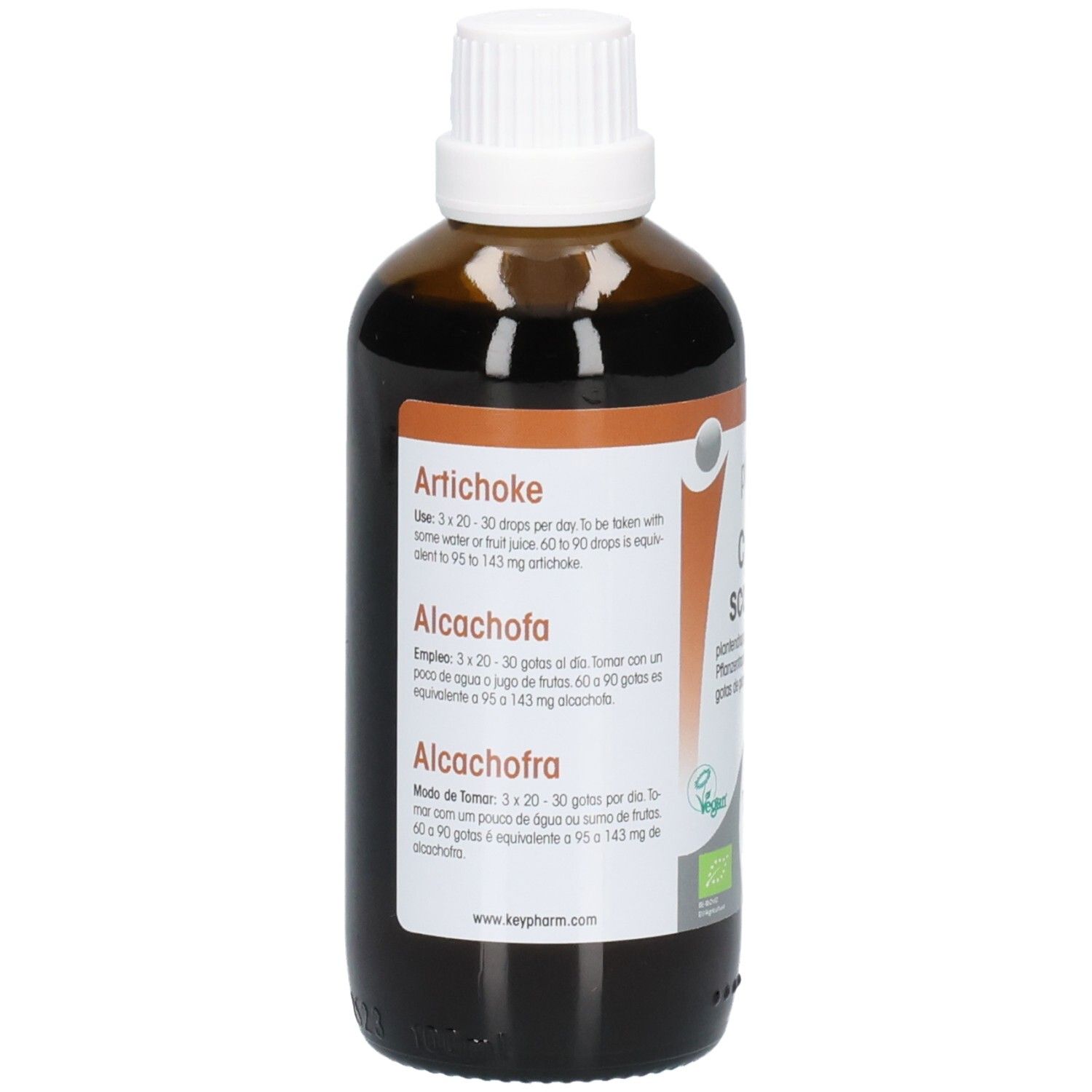 Braune Glasflasche mit weißem Deckel. Etikett mit Produktinformationen in mehreren Sprachen. Vegan-Siegel.