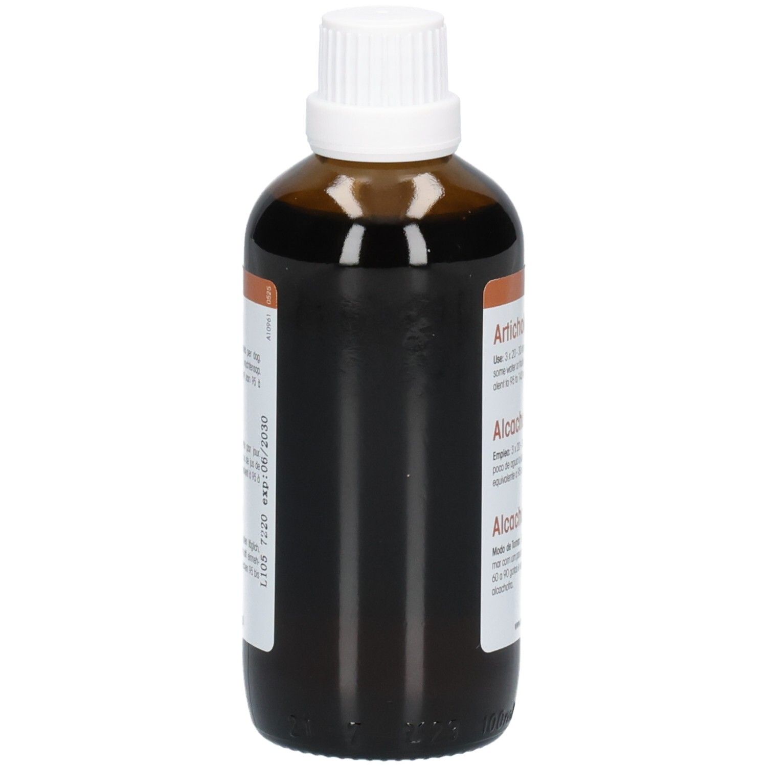 Braune Glasflasche mit weißem Deckel. Rückseite mit Produktinformationen. Vegan-Siegel. Haltbarkeitsdatum.