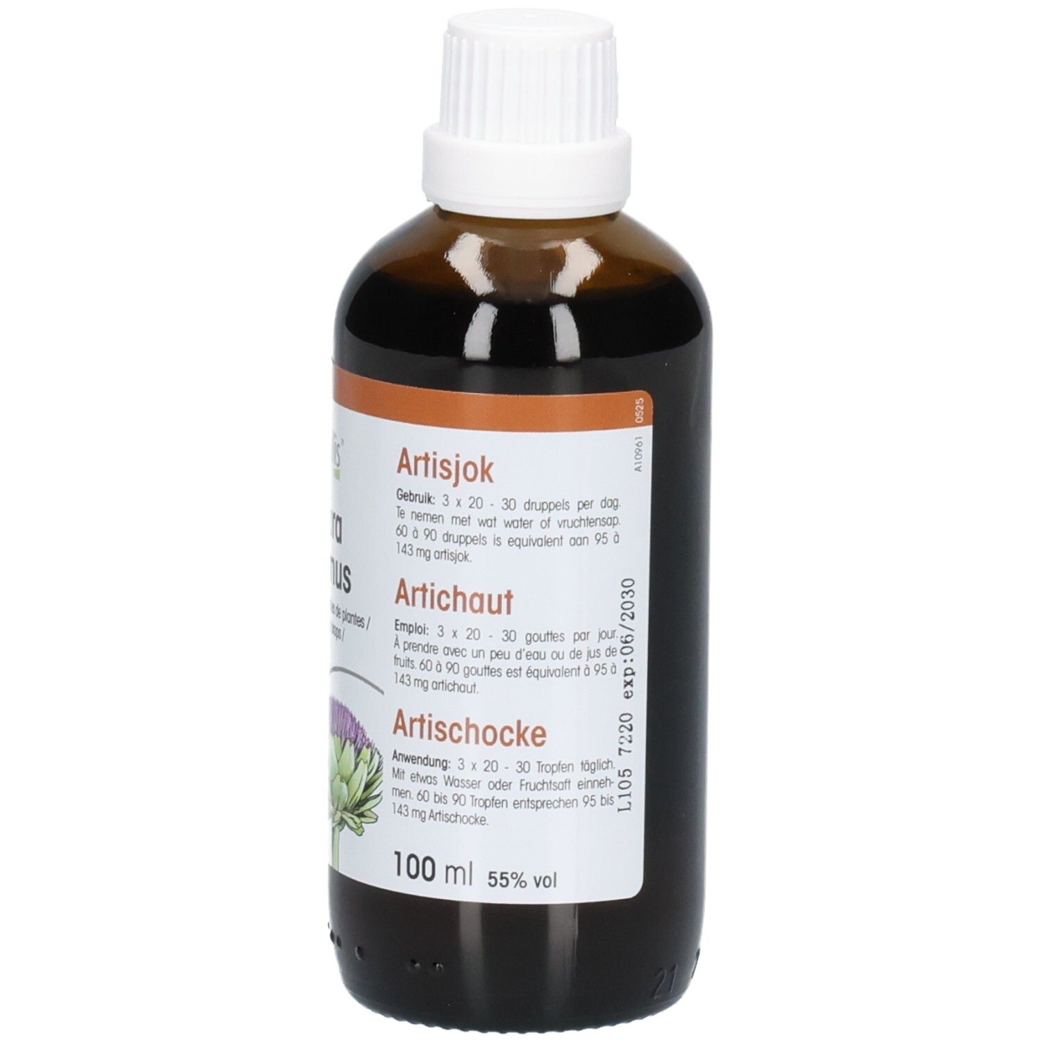 Braune Glasflasche mit weißem Deckel. Etikett mit Produktinformationen in mehreren Sprachen. 100 ml, 55% vol.