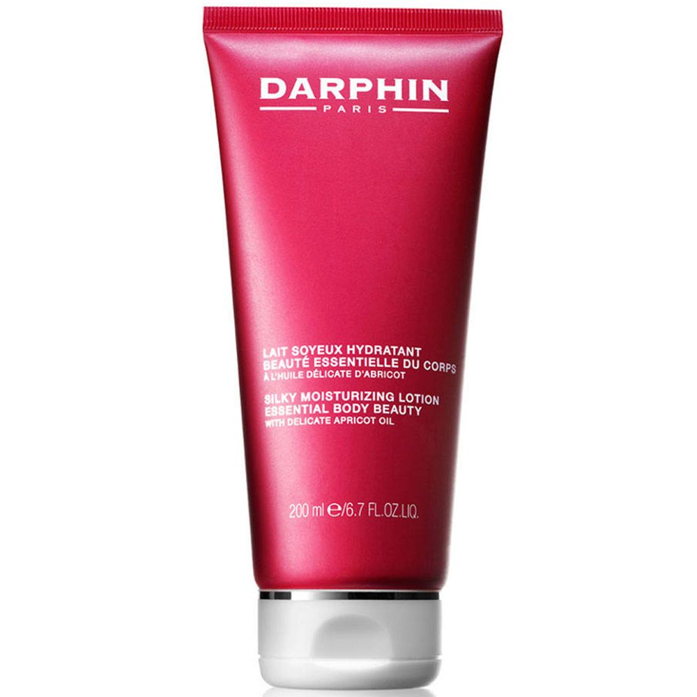 Rote Tube mit weißem Verschluss. Oben steht "DARPHIN PARIS". Darunter "Silky Moisturizing Lotion".