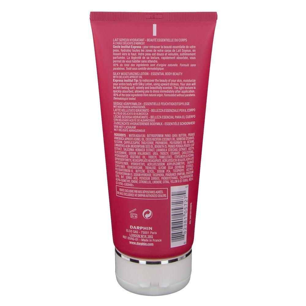 Rückseite der roten Tube. Text in mehreren Sprachen. Weißer Verschluss.