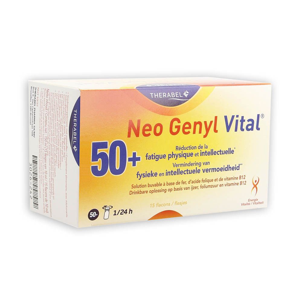 Boîte Neo Genyl Vital. Texte: Réduction de la fatigue. 15 flacons. Design orange et blanc.