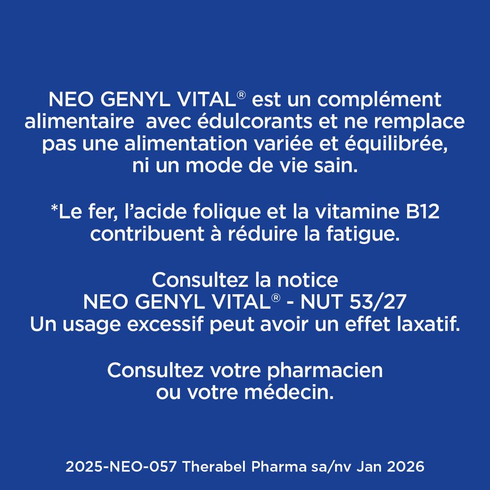 Neo Genyl Vital. Fond bleu. Texte: Complément alimentaire. Avertissements. L'usage excessif peut avoir un effet laxatif.