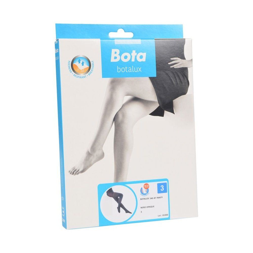 Collant de soutien Bota Botalux, taille 3, en emballage. Femme avec collant. Collant noir.