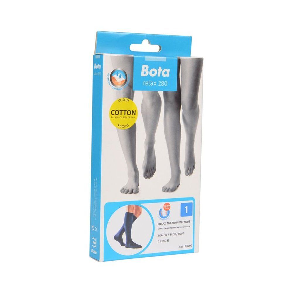 Emballage de bas de soutien Bota relax 280. Coton, bleu. Taille 1, 37/38. Illustration du produit et des jambes.