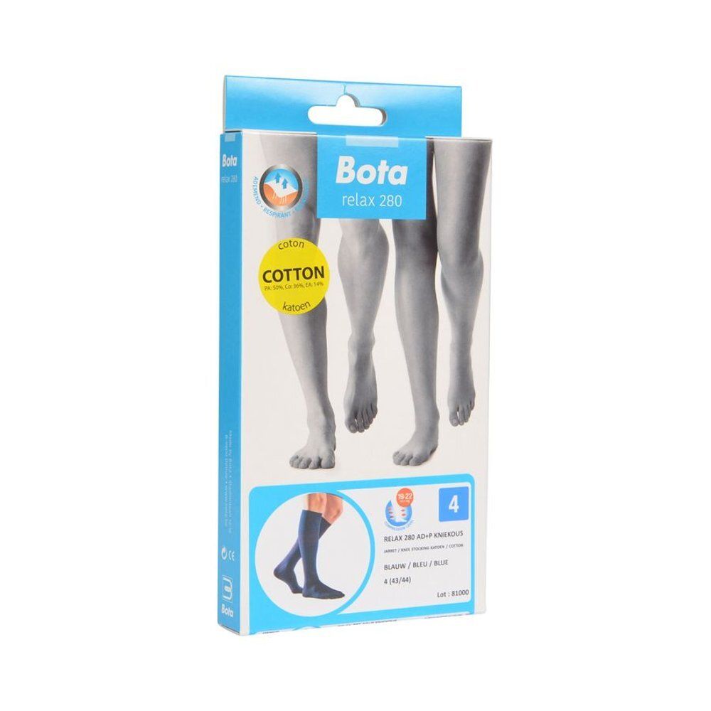 Boîte Bota relax 280. Bas genou bleus. Logo coton. Taille 4.