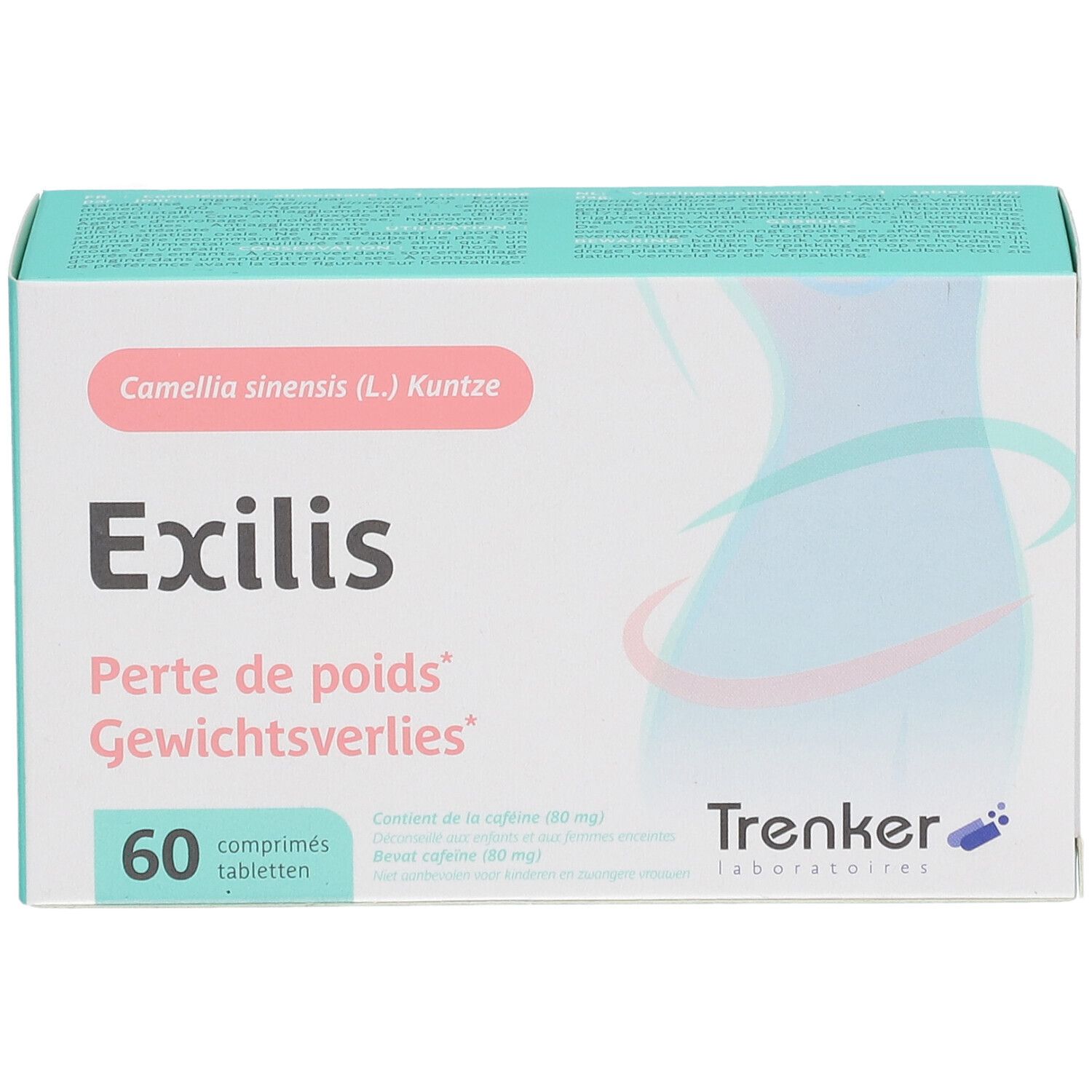 Schachtel "Exilis" mit Aufschrift "Poids", "Gewichtsverlies". Enthält 60 Tabletten. Marke Trenker. Abbildung einer Silhouette.
