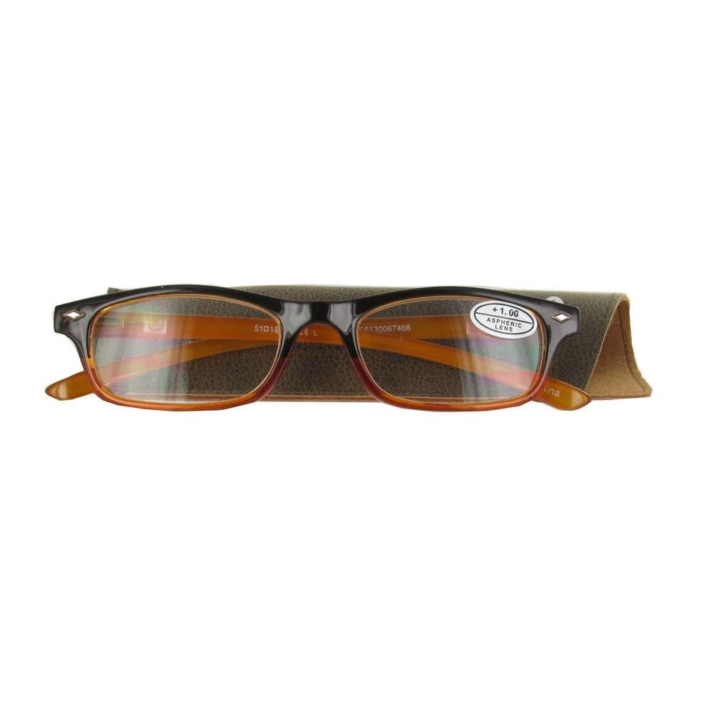 Lunettes avec monture marron et étui. +1.00 est écrit sur le verre. Les lunettes reposent sur un étui marron.