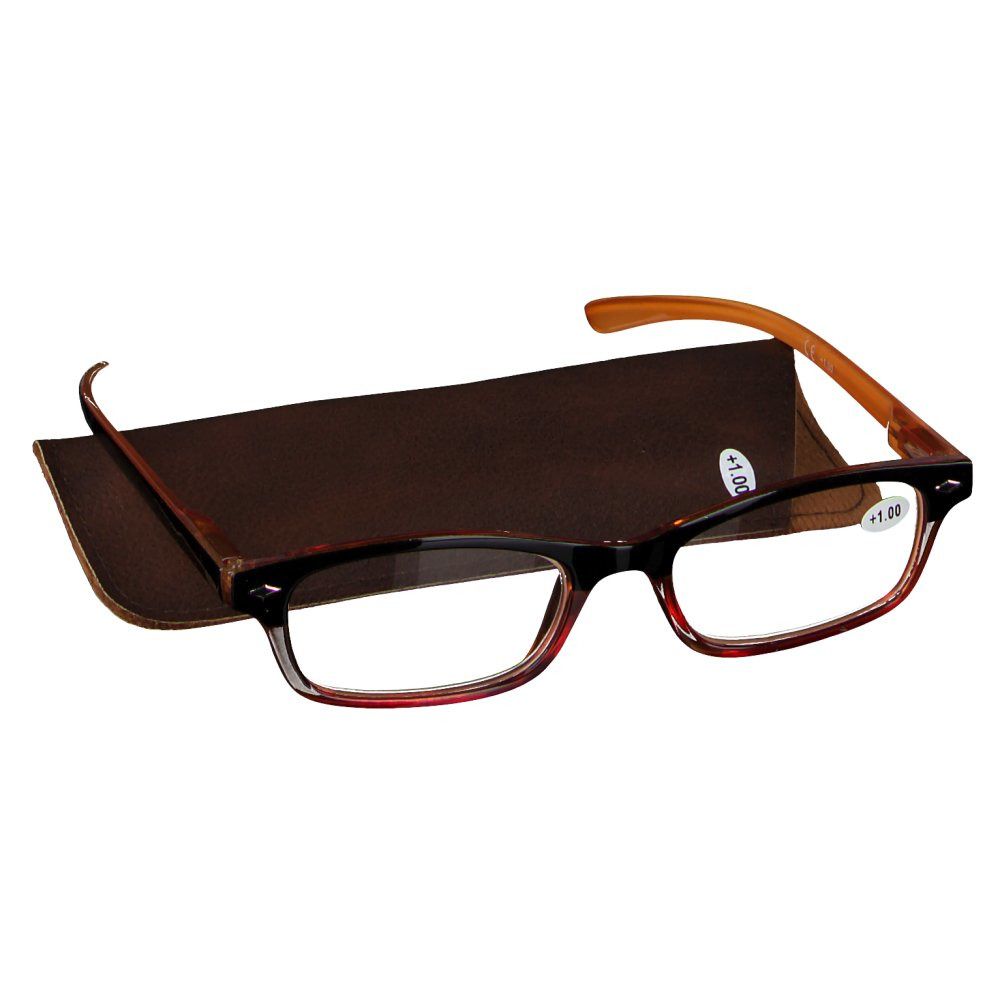 Lunettes avec monture marron et étui. +1.00 est écrit sur le verre. Les lunettes sont à côté de l'étui.