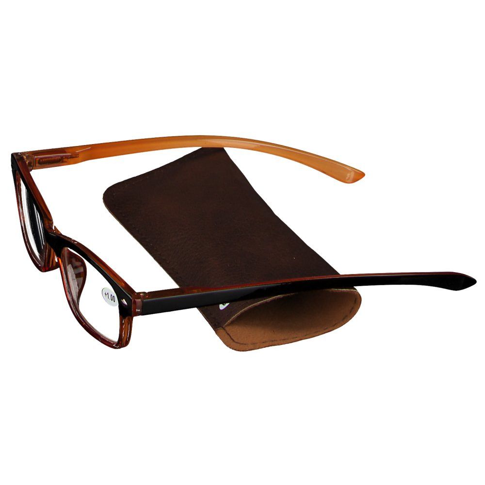 Lunettes avec monture marron et étui. +1.00 est écrit sur le verre. Les lunettes sont à côté de l'étui.