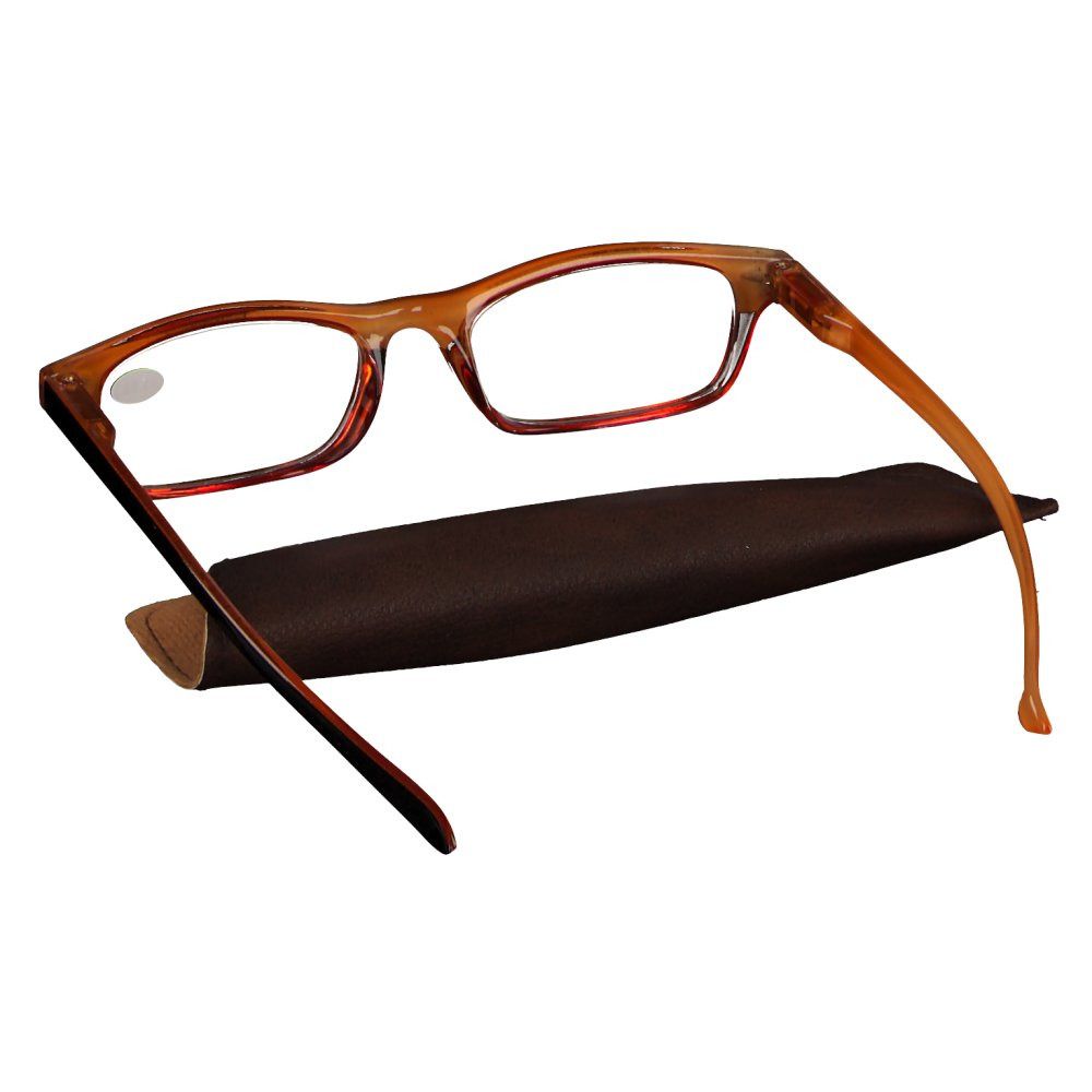 Lunettes avec monture marron et étui. +1.00 est écrit sur le verre. Les lunettes sont à côté de l'étui.