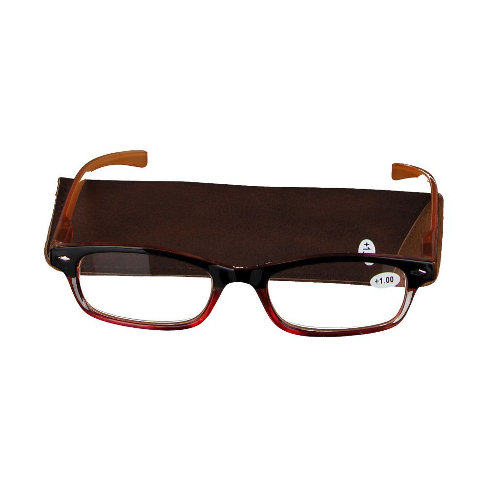 Lunettes avec monture marron et étui. +1.00 est écrit sur le verre. Les lunettes reposent sur un étui marron.