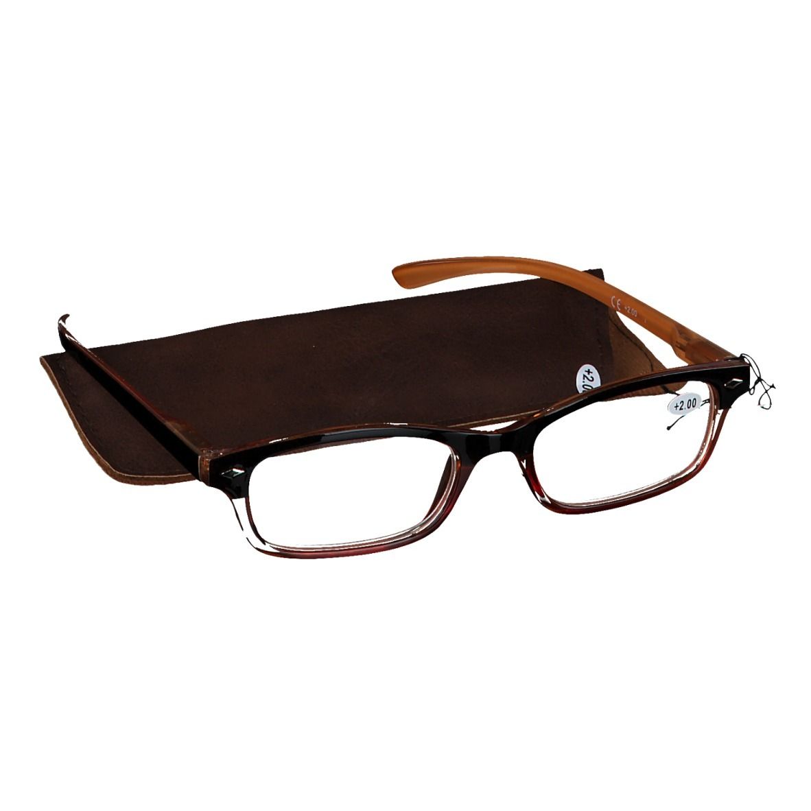 Brille mit braunem Rahmen und Etui. Auf dem Glas steht +2. Die Brille liegt auf dem Etui.