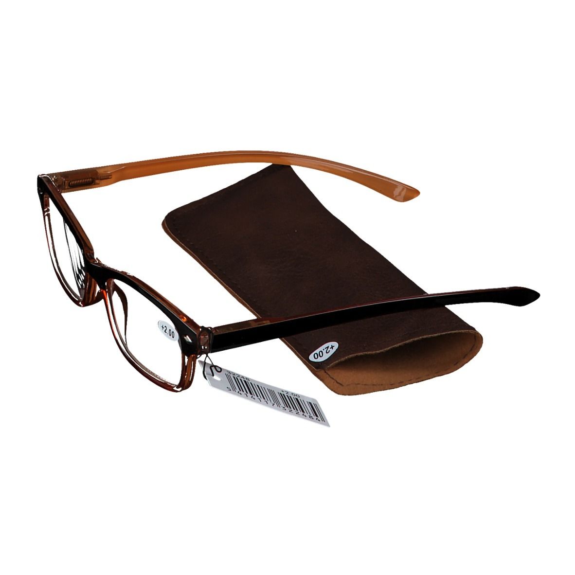 Brille mit braunem Rahmen und Etui. Auf dem Glas steht +2. Ein Etikett hängt an der Brille.