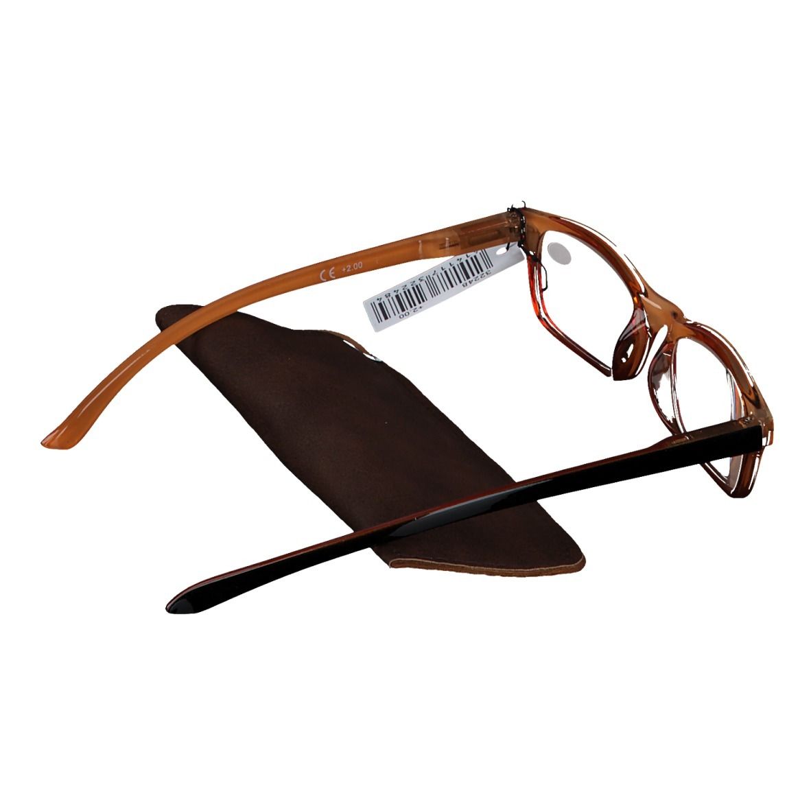 Brille mit braunem Rahmen und Etui. Auf dem Glas steht +2. Ein Etikett hängt an der Brille.
