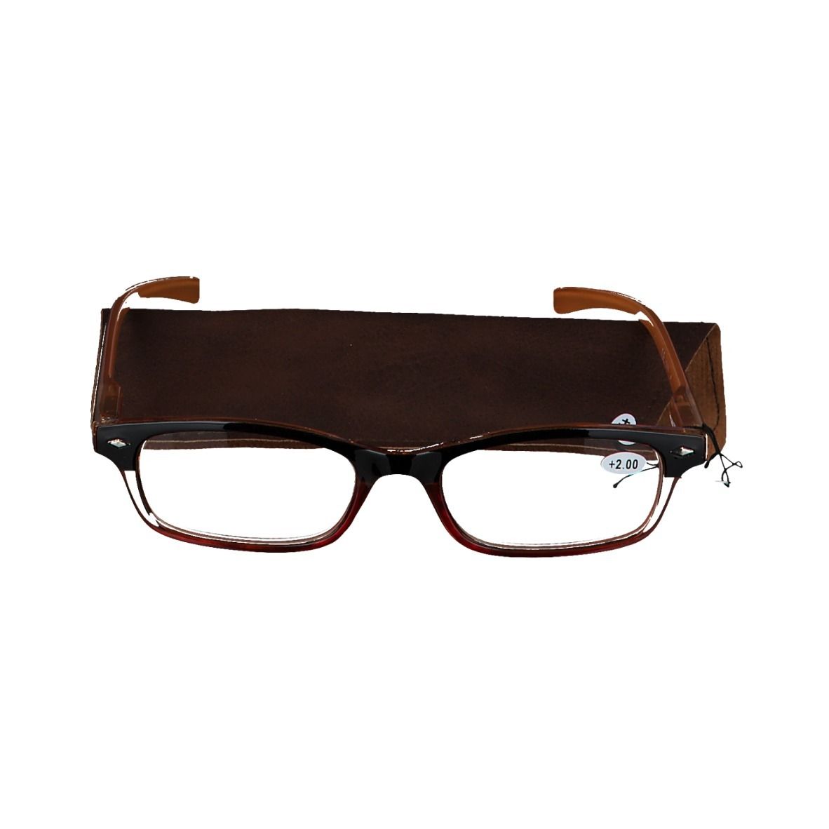 Brille mit braunem Rahmen und Etui. Auf dem Glas steht +2. Die Brille liegt auf dem Etui.
