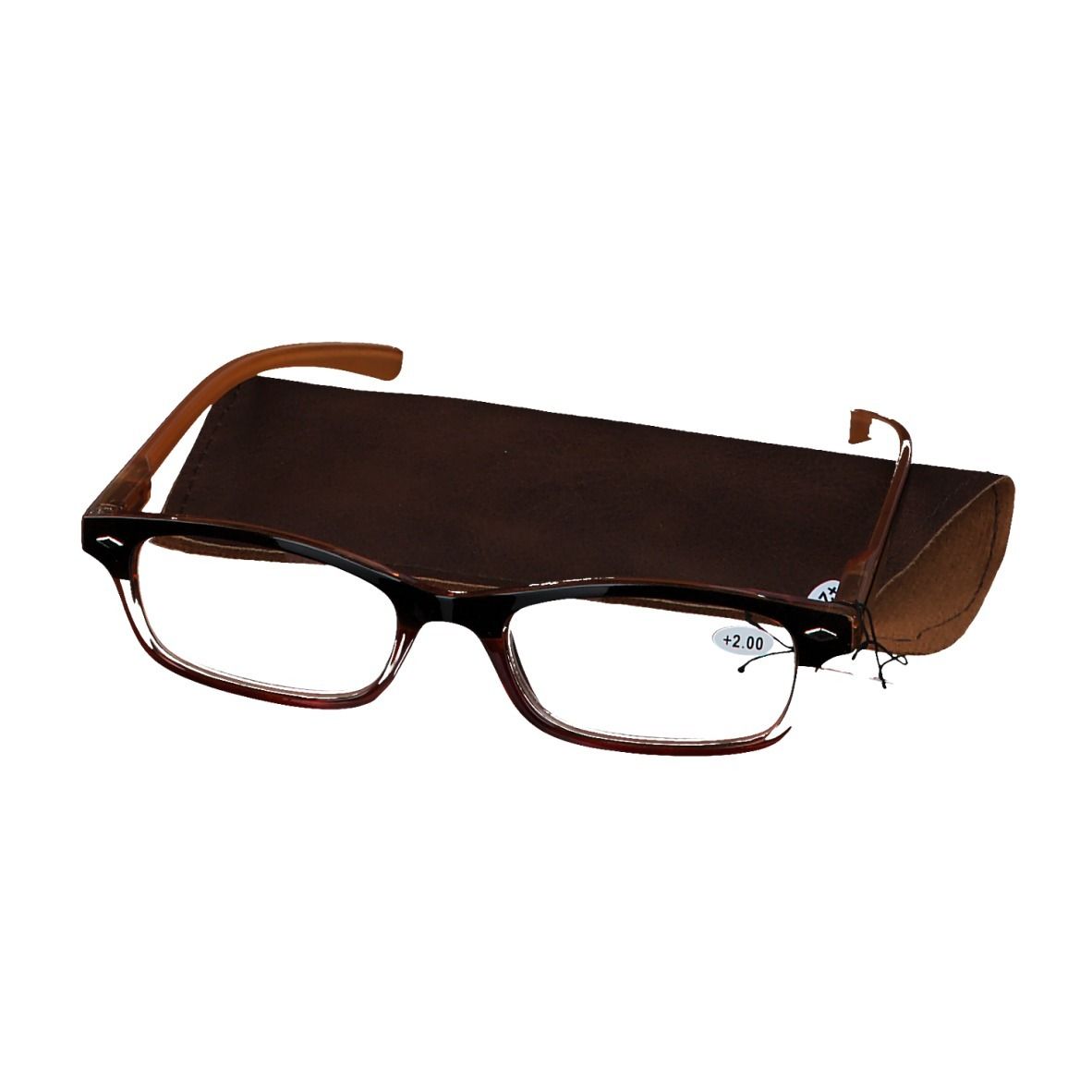 Brille mit braunem Rahmen und Etui. Auf dem Glas steht +2. Die Brille liegt auf dem Etui.